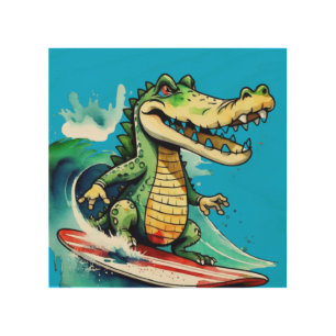 Funny crocodile surfing wood wall art