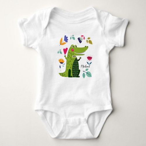 Funny Crocodile with Heart Custom Name Baby Bodysuit
