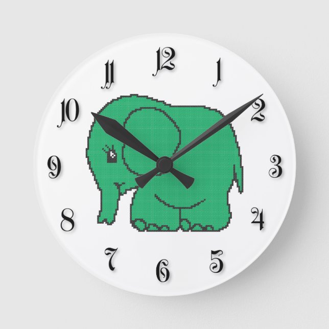 Funny cross-stitch green elephant round clock (Front)