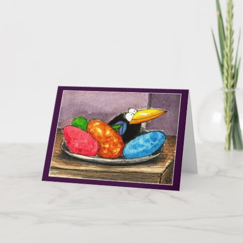 Funny crow Easter egg still life Holiday Card