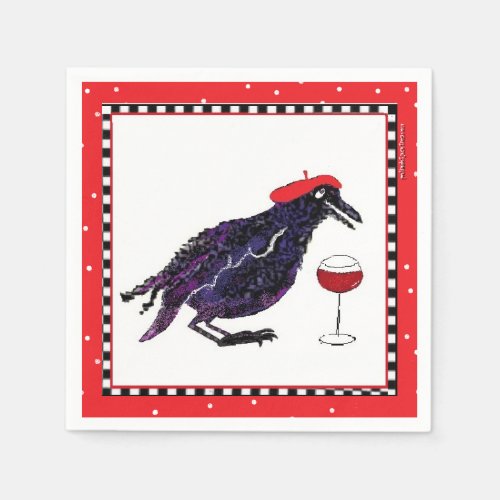 Funny Crow with French Beret and Glass of wine Napkins