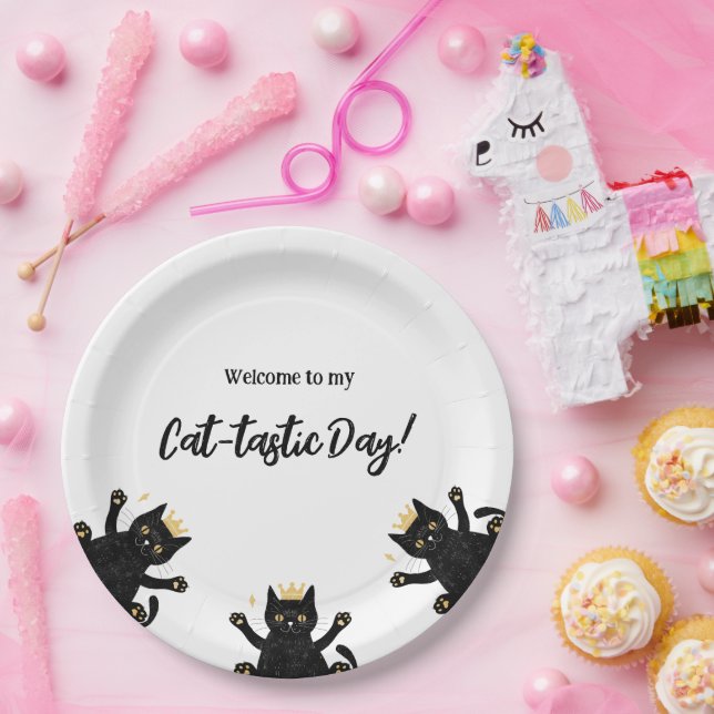 Funny Crown Black Cat Birthday Paper Plates (Party)