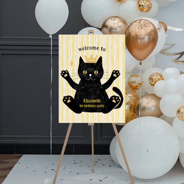 Funny Crown Black Cat Birthday Party Welcome Sign (Funny Crown Black Cat Birthday Party Welcome Sign)