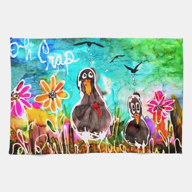 Funny Crows and Flowers Oh Crap Kitchen Towel (Horizontal)
