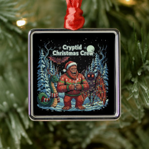 Funny Cryptid Christmas Crew   Bigfoot, Mothman  Metal Ornament