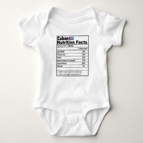 Funny Cuban Nutrition Fact Baby Onsie Baby Bodysuit