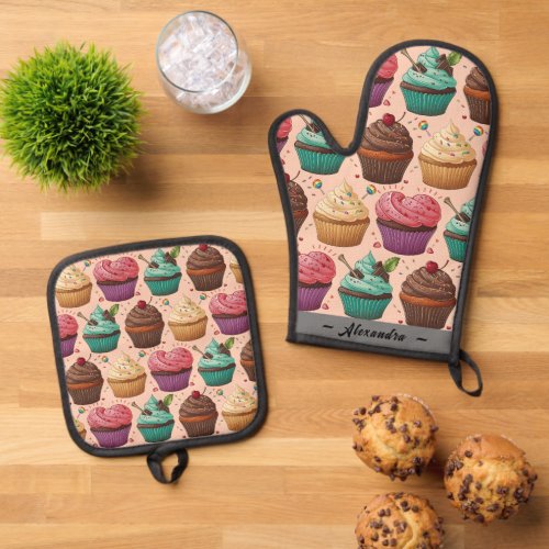 Funny Cupcakes Personalized Oven Mitt  Pot Holder Set