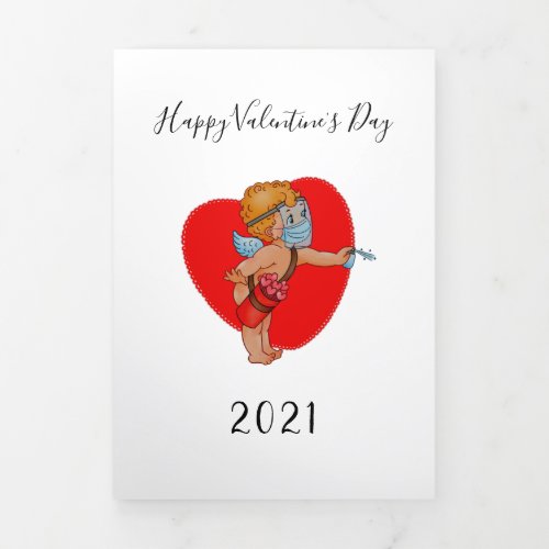 funny cupid mask covid 2021 heart valentine photo Tri_Fold holiday card