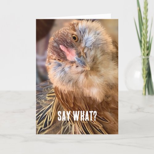 Funny Curious Amber Brown Chicken Close_Up Photo  Card
