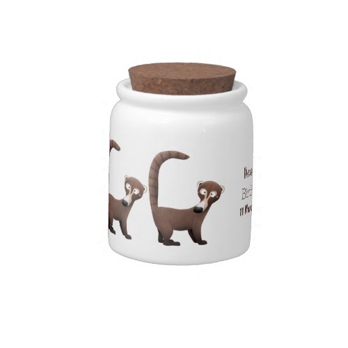 Funny curious coatimundi cartoon illustration candy jar