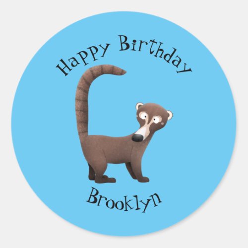 Funny curious coatimundi cartoon illustration classic round sticker