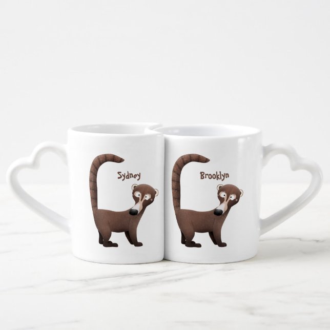 Funny curious coatimundi cartoon illustration coffee mug set (Back Nesting)
