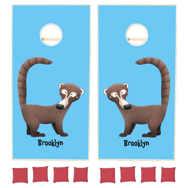 Funny curious coatimundi cartoon illustration cornhole set (Set)