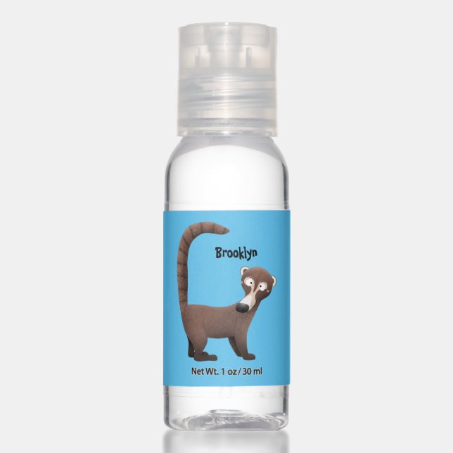 Funny curious coatimundi cartoon illustration hand sanitizer (Front)