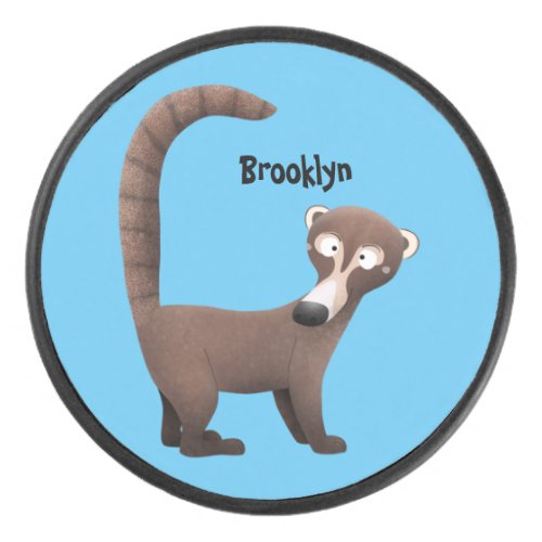 Funny curious coatimundi cartoon illustration hockey puck