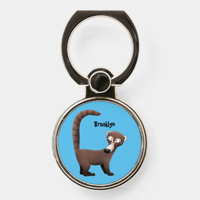 Funny curious coatimundi cartoon illustration phone ring stand (Front)