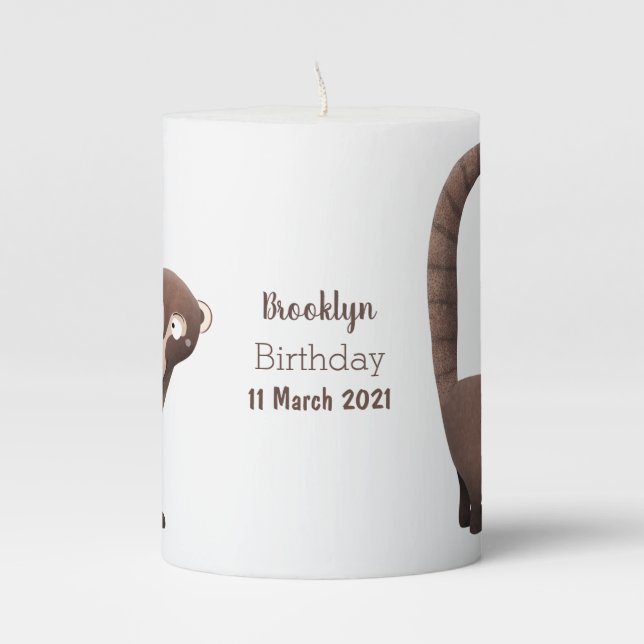 Funny curious coatimundi cartoon illustration pillar candle (Front)