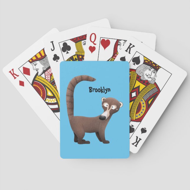 Funny curious coatimundi cartoon illustration poker cards (Back)