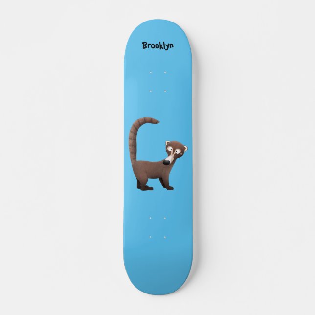 Funny curious coatimundi cartoon illustration skateboard (Front)