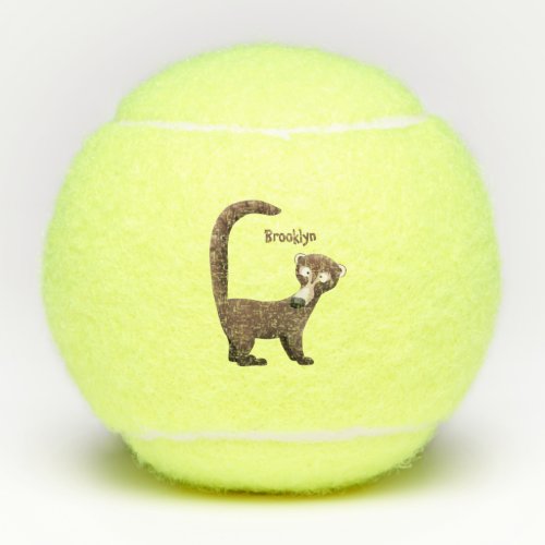 Funny curious coatimundi cartoon illustration tennis balls