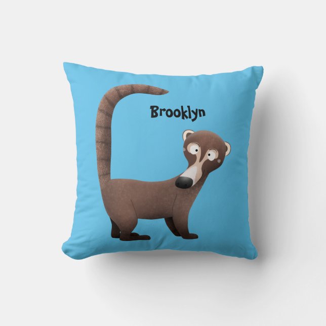 Funny curious coatimundi cartoon illustration throw pillow (Front)