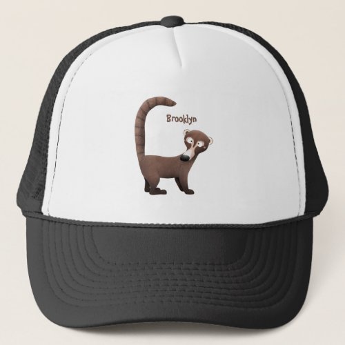 Funny curious coatimundi cartoon illustration trucker hat