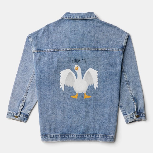 Funny curious domestic goose cartoon illustration denim jacket (Back)