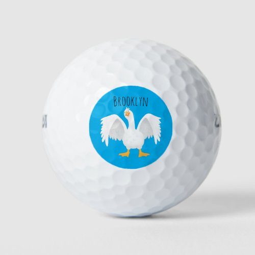 Funny curious domestic goose cartoon illustration golf balls