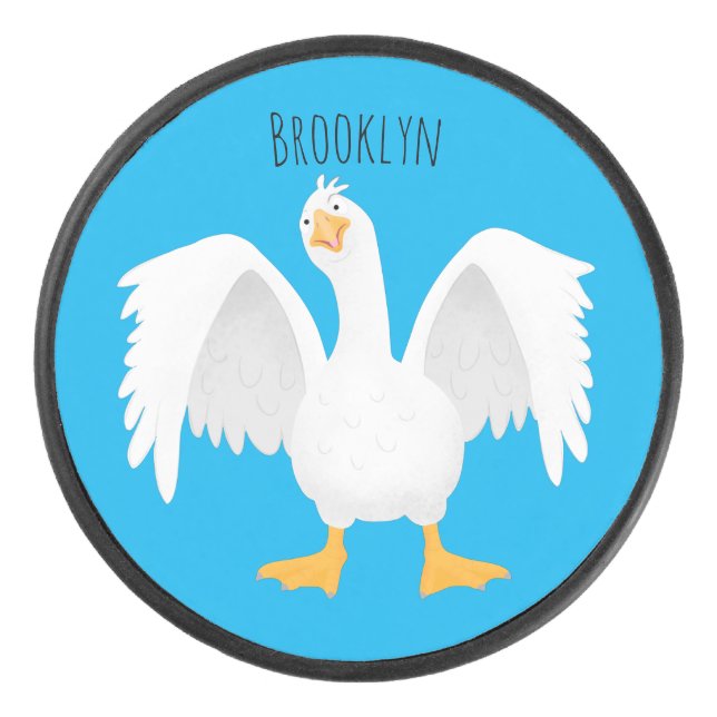 Funny curious domestic goose cartoon illustration hockey puck (Front)