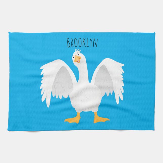 Funny curious domestic goose cartoon illustration kitchen towel (Horizontal)