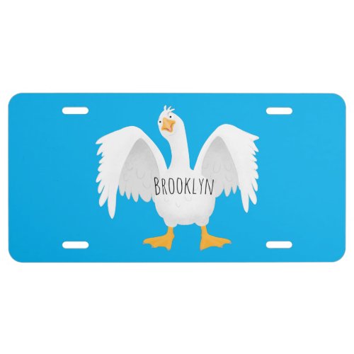 Funny curious domestic goose cartoon illustration license plate