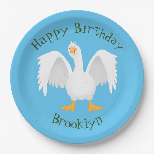 Funny curious domestic goose cartoon illustration paper plates (Front)