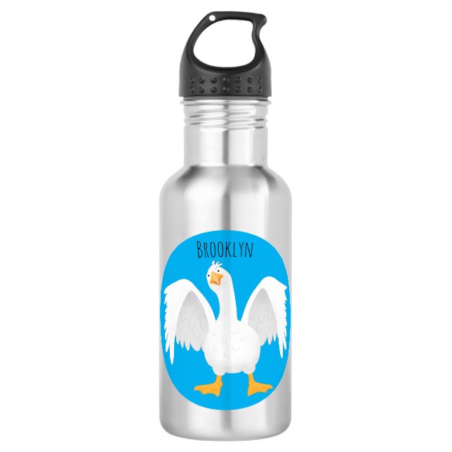 Funny curious domestic goose cartoon illustration stainless steel water bottle (Front)