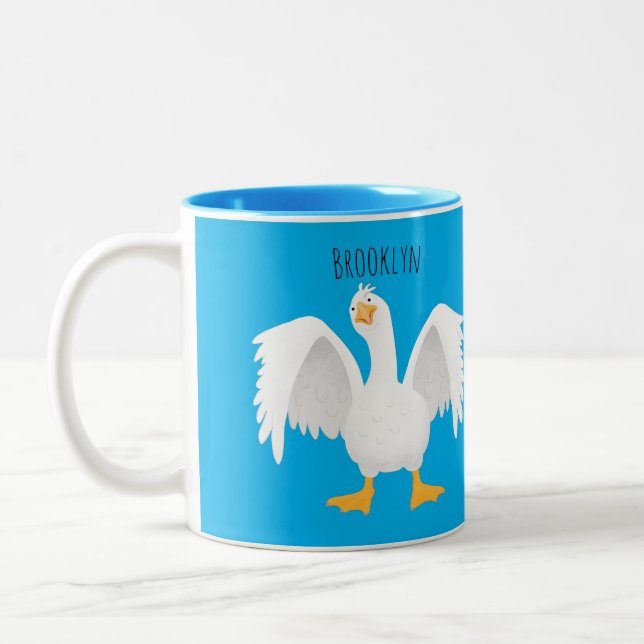 Funny curious domestic goose cartoon illustration Two-Tone coffee mug (Left)