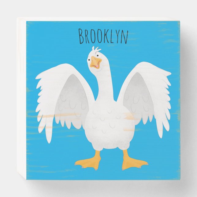 Funny curious domestic goose cartoon illustration wooden box sign (Front Horizontal)