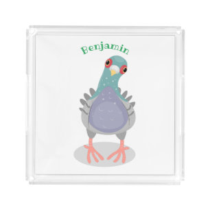 Funny curious pigeon cartoon illustration acrylic tray