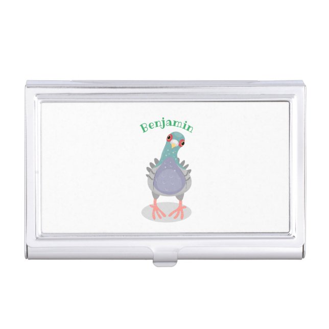 Funny curious pigeon cartoon illustration business card case (Front)