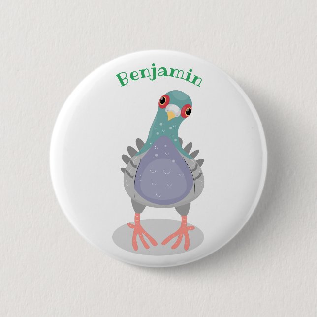 Funny curious pigeon cartoon illustration button (Front)