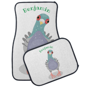 Funny curious pigeon cartoon illustration car floor mat