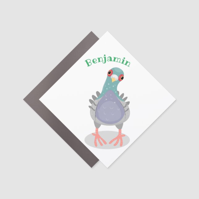 Funny curious pigeon cartoon illustration car magnet (Front)