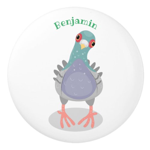 Funny curious pigeon cartoon illustration ceramic knob