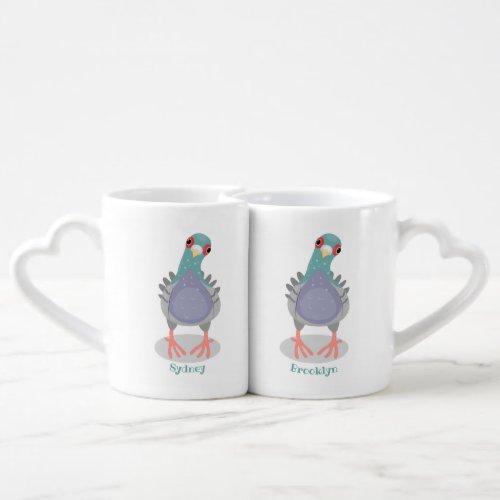 Funny curious pigeon cartoon illustration coffee mug set