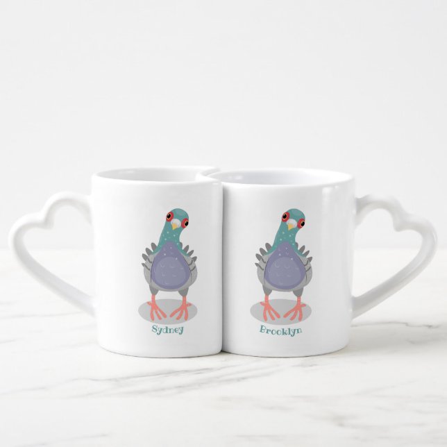 Funny curious pigeon cartoon illustration coffee mug set (Back Nesting)