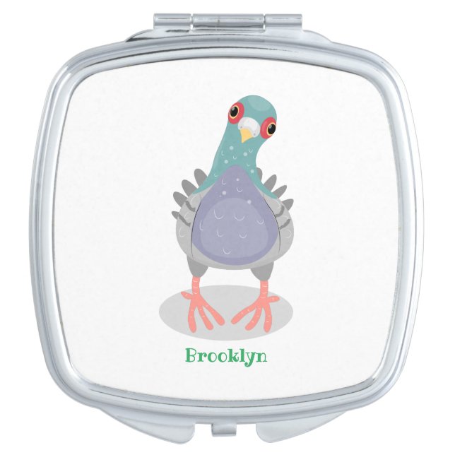Funny curious pigeon cartoon illustration compact mirror (Front)