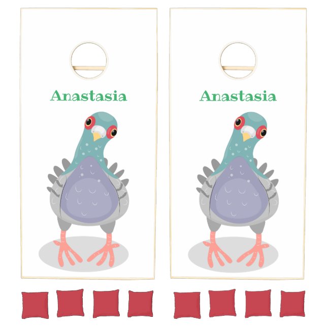 Funny curious pigeon cartoon illustration cornhole set (Set)