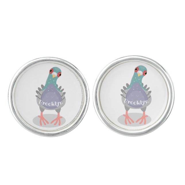 Funny curious pigeon cartoon illustration cufflinks (Front)