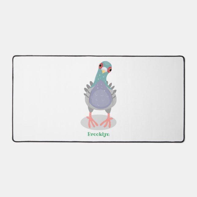 Funny curious pigeon cartoon illustration desk mat (Front)