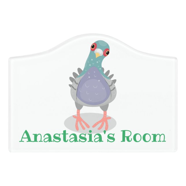 Funny curious pigeon cartoon illustration door sign (Small Crest Front)
