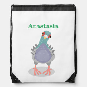 Funny curious pigeon cartoon illustration drawstring bag