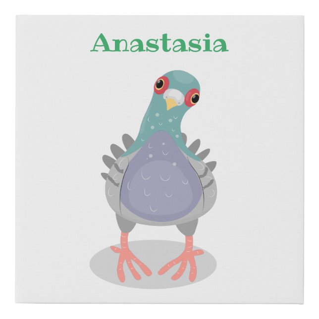 Funny curious pigeon cartoon illustration faux canvas print (Front)